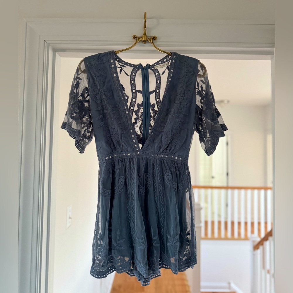 Mist blue lace romper by Honey punch